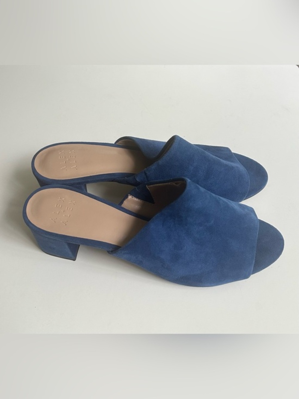 NWT ALEX + ALEX Women Suede Open-Toe Block Heel Mules, Dark Blue, Size 8M
